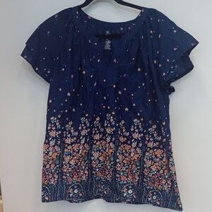 St. John's Bay Navy Floral Blouse 100% Cotton